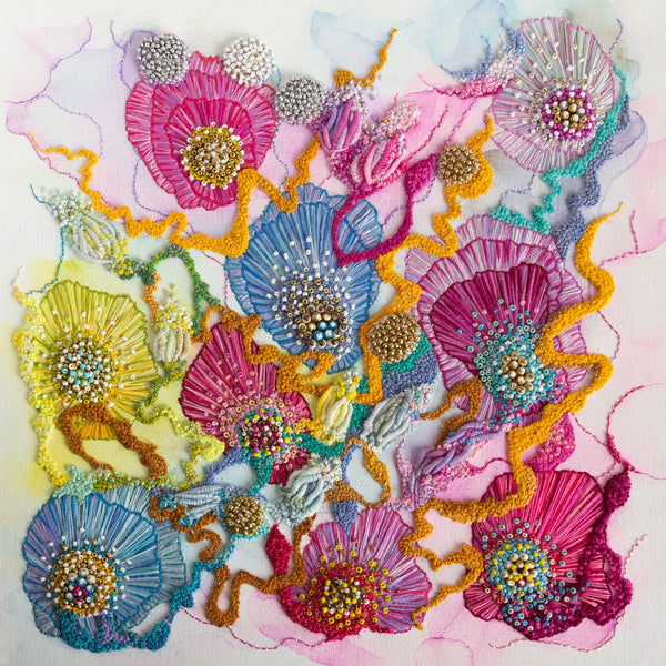 Abstract floral art with alcohol ink, embroidery floss, seed beads, and gold thread on 30cm canvas.