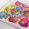 Close-up of Viola Three 2022 mixed media artwork featuring vibrant embroidered flowers on canvas with beads and gold thread.