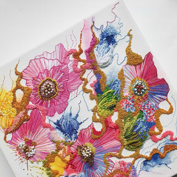 Close-up of Viola Two 2021 artwork with vibrant alcohol ink painting and detailed hand embroidery on canvas.