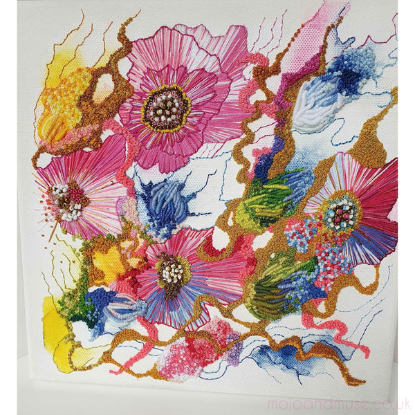 Abstract floral artwork Viola Two 2021 with alcohol ink and hand embroidery of yarns, threads, and seed beads on canvas.