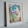 Abstract alcohol ink art with hand embroidery, beads, gold threads on canvas, framed in white, 40x30 cm.