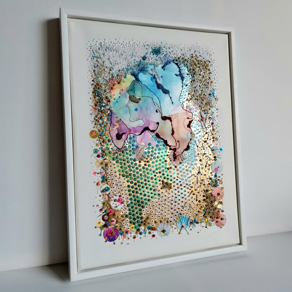 Abstract alcohol ink art with hand embroidery, beads, gold threads on canvas, framed in white, 40x30 cm.