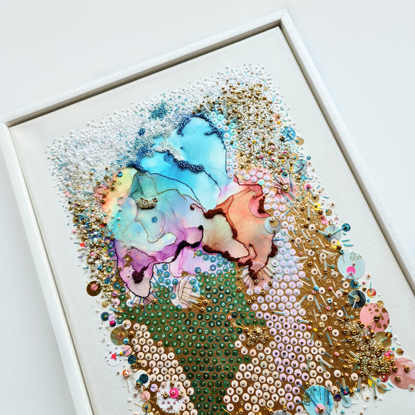 Abstract alcohol ink artwork with intricate hand embroidery, beads, and gold thread on canvas, 40 x 30 cm, 2023.