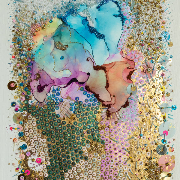 Abstract alcohol ink artwork with hand embroidery, beads, and gold thread on canvas, vibrant colors and textured details.
