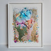 Abstract alcohol ink artwork with hand embroidery, beads, and gold threads on canvas in white frame.